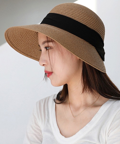 DAY CLOSET | 折りたためるツバ広リボン付き麦わら帽子 - Buyee, an