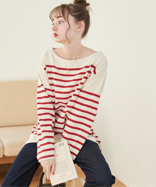 ANGIE | ボートネック バスク ロンT（無地/ボーダー） - Buyee, an