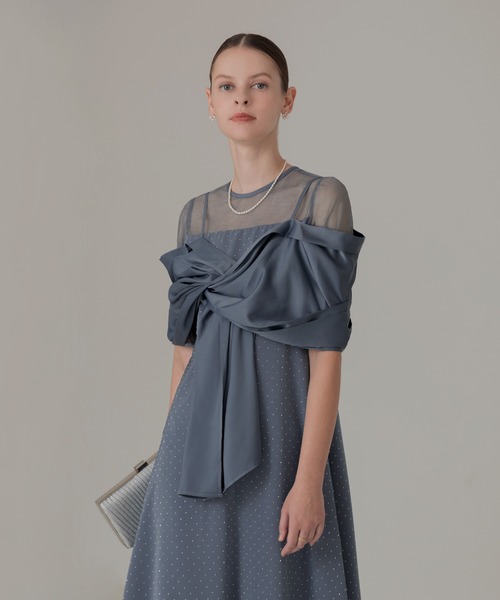 【LEJA】2WAYフロントリボンボレロストーンドット柄Aラインドレス レジャ Leja 2WAYフロントリボンボレロストーンドット柄Aライン