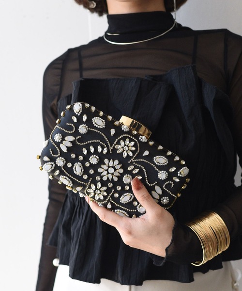 ビジュー付きブラックハンドバッグ STYIRO | フラワービジュー刺繍ハードクラッチバッグ/ショルダー