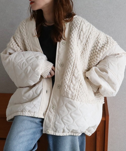ZENA | ケーブルニット×キルティングボリュームブルゾン - Buyee, an
