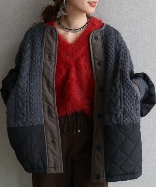 ZENA | ケーブルニット×キルティングボリュームブルゾン - Buyee, an