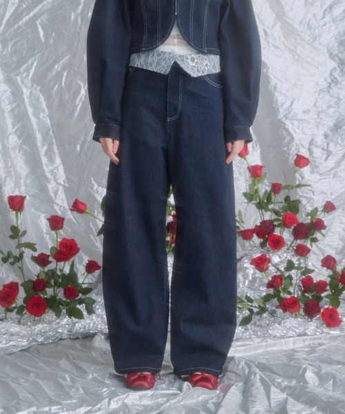 monepine レースドッキングデザインデニムジャケット MONEPINE | lace docking design denim pants/レースドッキング