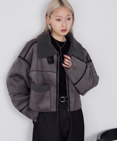 90s Vintage パッチワーク レザー ボア ムートンジャケット 短丈 90s Vintage パッチワーク レザー ボア ムートンジャケット 短丈