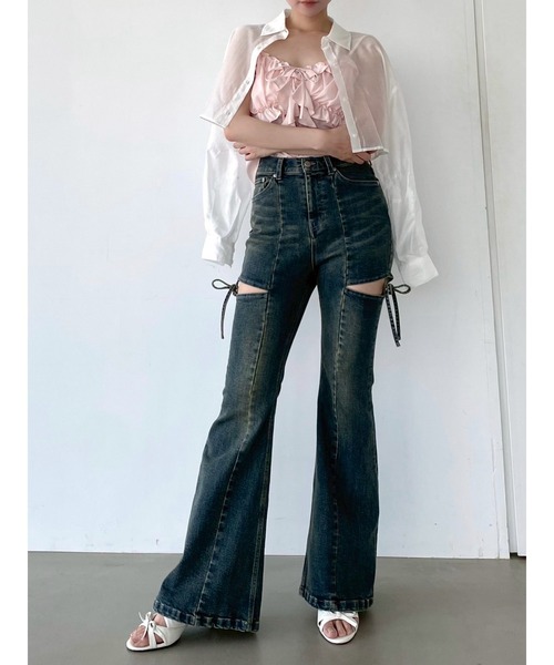 me+em select カットアウトリボンヴィンテージストレッチフレアデニム