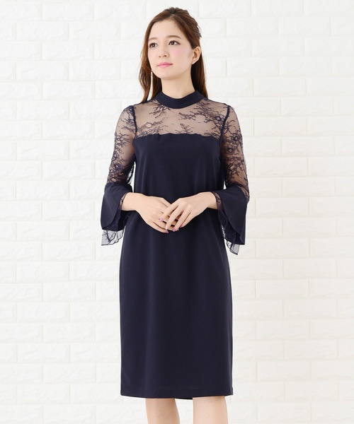 人気満点 レースチュール袖ロングフレアワンピース ドレス ぽっきりsale対象