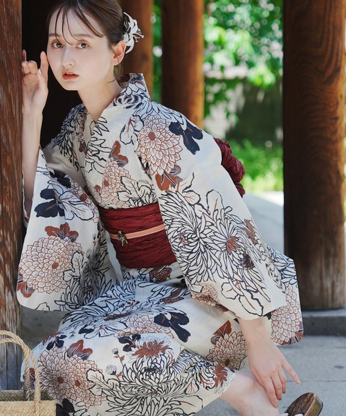 UTATANE | 浴衣3点セット 綿麻 涼しげ上品糸菊 - Buyee, an