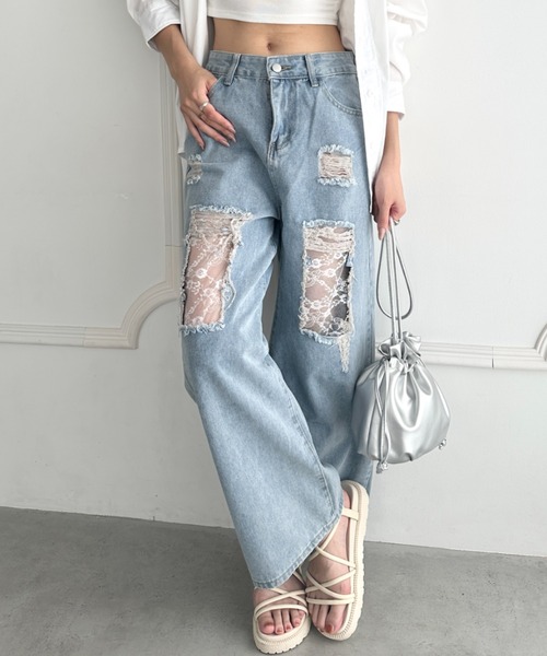 WEARS | レースデザインダメージルーズデニムパンツ - Buyee, an