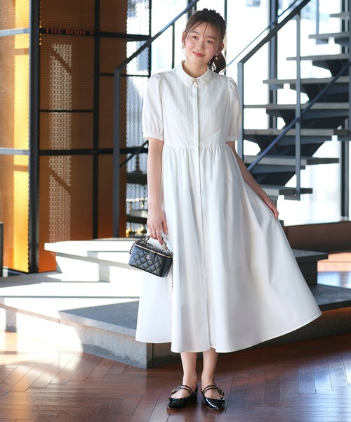 新品✨RUIRUE ジャガードワンピース 3L ネイビー オーガンジー袖 商品