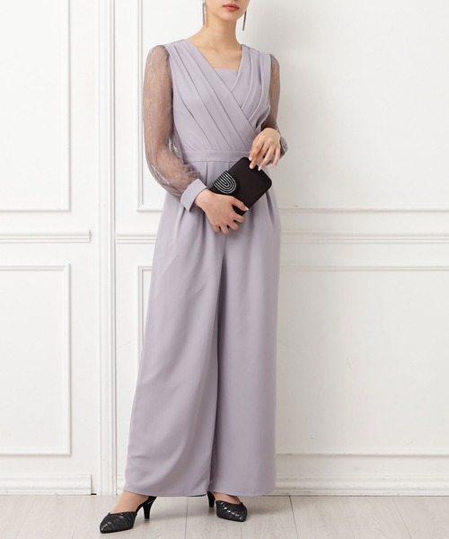 美品【aimer anche】袖付きカシュクールオールインワン L グレー Aimer エメ 袖付きカシュクールオールインワン ライトグレー/M