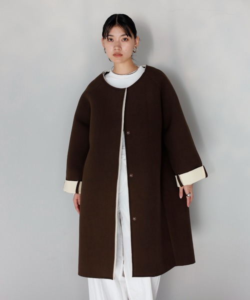 【美品✨】CINOH ダブルフェイスノーカラーコート ベルト ブラウン 36 美品 CINOH ダブルフェイスノーカラーコート ベルト カーキ寄り