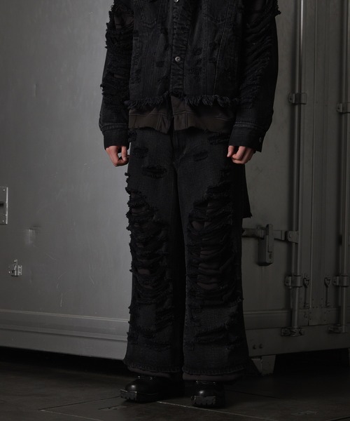 GRANCY | 【GRANCY】Sweat Docking Design Damage Buggy Denim Pants