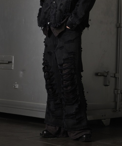 GRANCY | 【GRANCY】Sweat Docking Design Damage Buggy Denim Pants