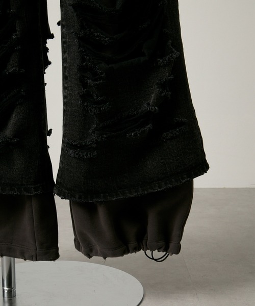 GRANCY | 【GRANCY】Sweat Docking Design Damage Buggy Denim Pants
