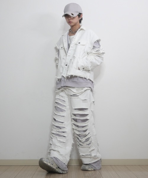 【GRANCY】スウェットドッキングデザインダメージバギーデニムパンツ　M GRANCY】Sweat Docking Design Damage Buggy Denim Pants