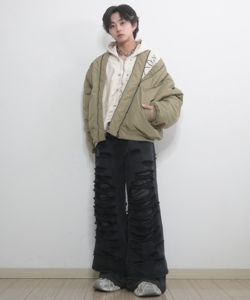 GRANCY | 【GRANCY】Sweat Docking Design Damage Buggy Denim Pants