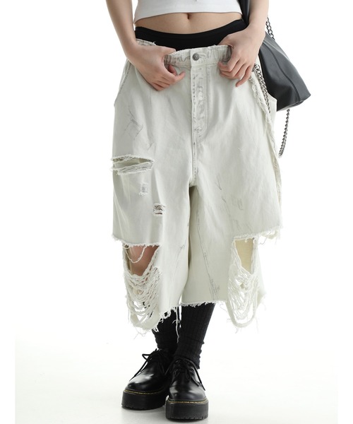 MASONPRINCE | ワイドシルエット ハードダメージ デニムハーフパンツ 