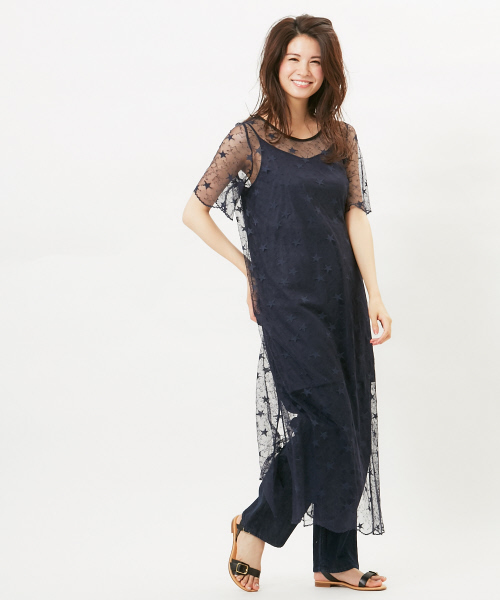 肌触りがいい スターレース刺繍ワンピース ワンピース