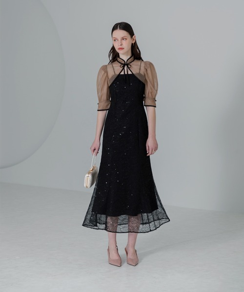 LEJA】ドット柄スパンコールパフスリーブボレロオールインワンドレス