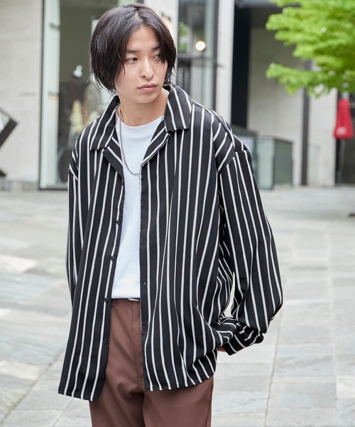 Buyee Mono Mart サテンストライプオープンカラーシャツ Long Sleeve 長袖 일본 상점 온라인 대리 쇼핑 Zozotown 제품을 전 세계적으로 배송해드립니다