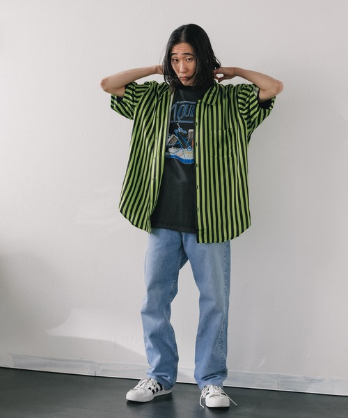 STUSSY ストライプ 半袖シャツ L レアデザイン】STUSSY 半袖シャツ プリント ストライプ 00s L