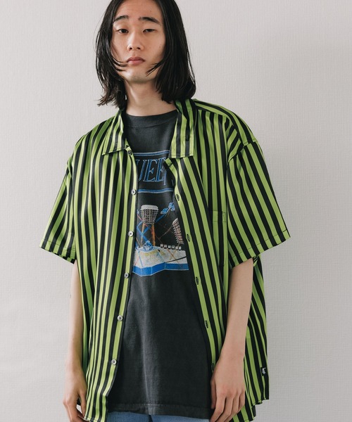 Stussy ストライプ 半袖シャツ stussy ステューシー 半袖シャツ ストライプ 切り替え 刺繍ロゴ