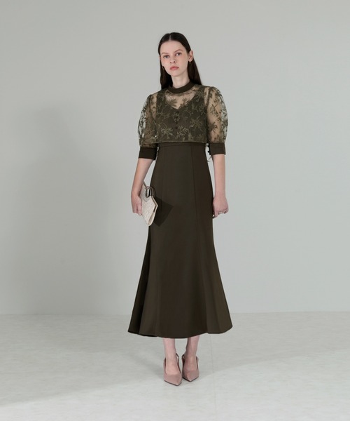 LEJA リボン付きパフスリーブシアーボレロ刺繍レースマーメイドドレス