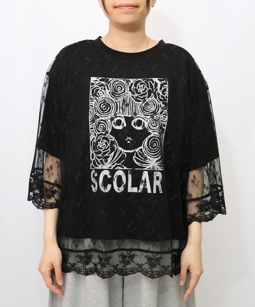スカラー　scolar 152668：オレンジスカラーちゃん 柄レース袖Tシャツ 152668：オレンジスカラーちゃん 柄レース袖Tシャツの通販-ScoLar