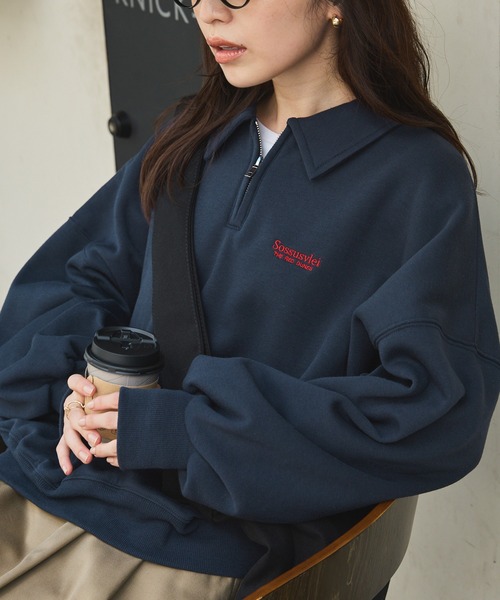 SHETILA | オーバーサイズ ワンポイント刺繍 ハーフジップスウェット