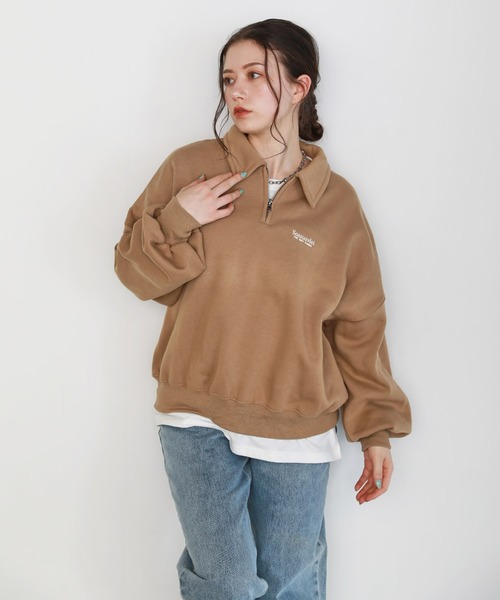 SHETILA | オーバーサイズ ワンポイント刺繍 ハーフジップスウェット