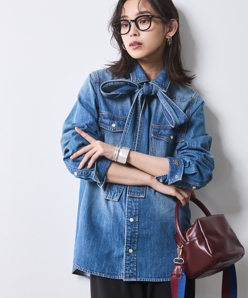 CHIC STYLE | 綿100％ライトオンスデニムリボンタイ付シャツ ＜大きい