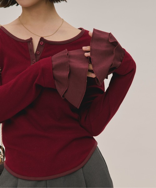 loin nuit velours long sleeve tops ボルドー LOIN NUIT | bell sleeve rib tops / ベルスリーブリブトップス