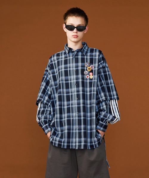 SEESEW | 【UNISEX】CHECK LINE OVER SHIRTS with BADGE/チェック