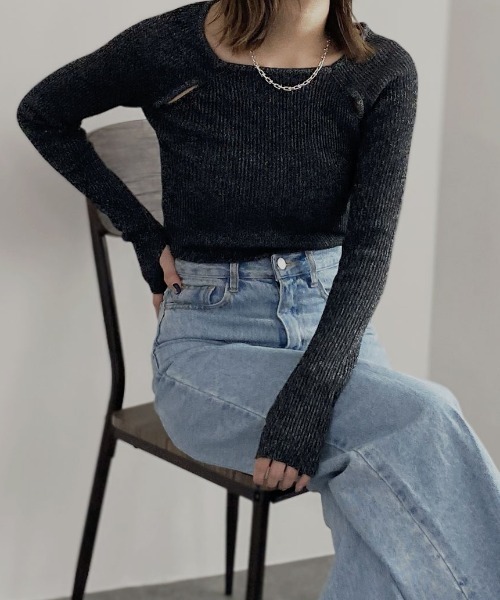 ニット セーター スリットショルダーラメニット／slit shoulder lame knit スリットショルダーニット ショルダーカット 肩開き カ セール】スリットショルダーラメニット／slit shoulder lame