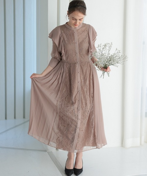 PREFERIR プリーツレースワンピース　オケージョンドレス　結婚式　モカ PREFERIR ドレス プリーツレース 7分袖 結婚式 パーティー