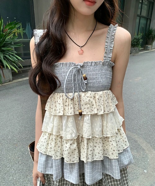 ASRIRE | 新色追加/26ss チェック×小花柄ティアードリボンキャミソール