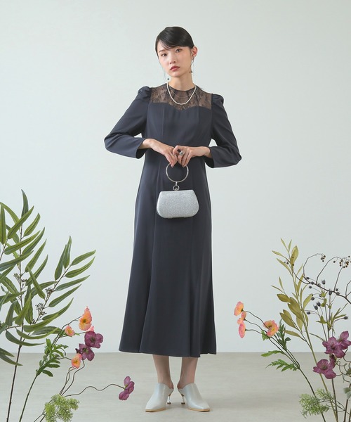 ペプラム パフスリーブ ジャガード ワンピース パーティー ドレス kana