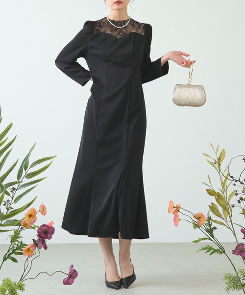 チュール ティアード ビスチェ ワンピース/kana KANA | レース 切り替え ビスチェ風 シンプル 長袖 ワンピース