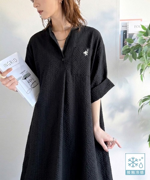 UBASOKU | ubasoku リネンコットン ドット刺繍バンドカラーギャザー