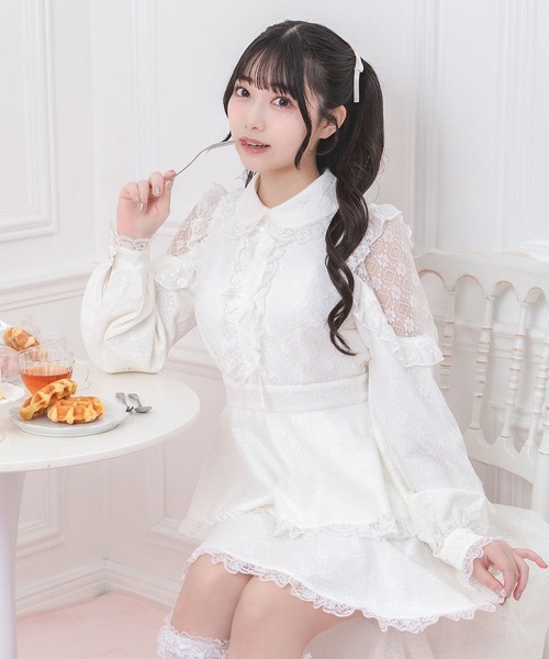 Honey Cinnamon スカート ワンピース ブラウス Honey Cinnamon ビジューリボンブラウス タックフレアスカート