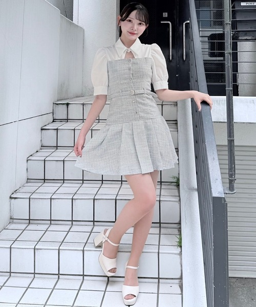 NOMAE バイカラーリボンショートレイヤードニット チェックリボン