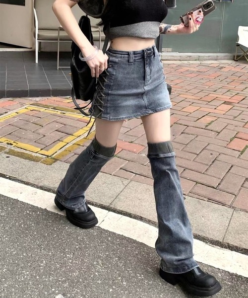 INST.ALL | レッグカバー付きサイドレースアップデニムミニスカート