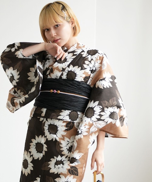 utatane 浴衣 黒地に黄色の浪漫椿 UTATANE | 選べる浴衣3点