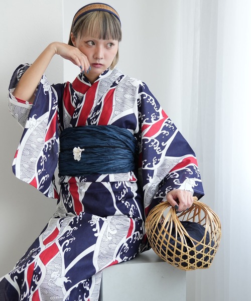 utatane ニコアンティーク和歌山染工 浴衣 ネイビー セット 帯 兵児帯