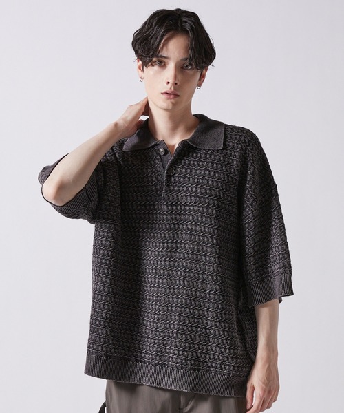 clel ヴィンテージデザイン 3Dジャガード半袖ニットポロ 早い者勝ち