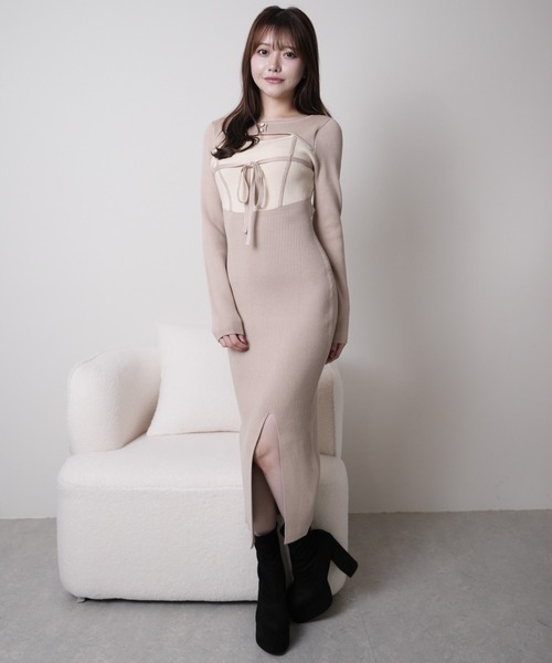LIPSERVICE | デコルテオープンバイカラーリボンニットワンピース