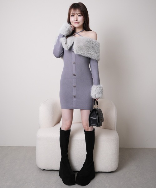 LIPSERVICE | ファーオフショルボタンニットワンピース - Buyee, an