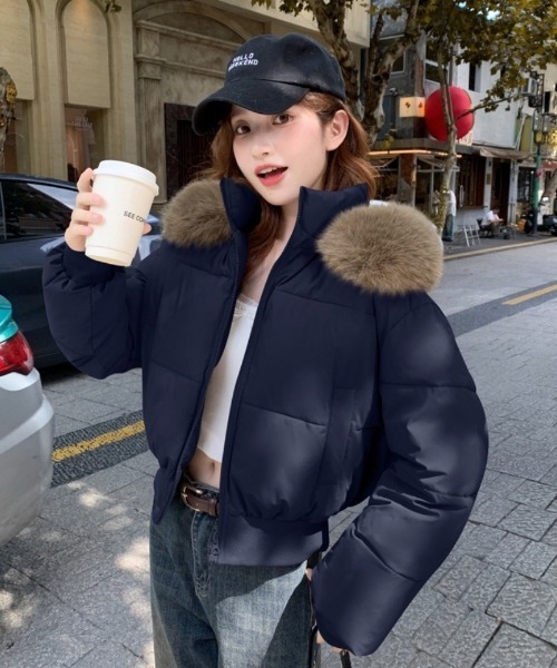 me+em select スタンドカラーフェイクファークロップドコート me+em 