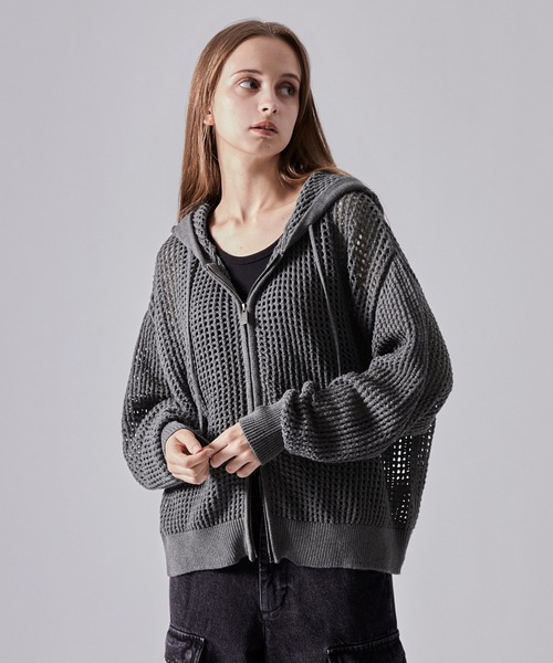 CLEL　透かし編み メッシュジップパーカー　Mサイズ　ブラック CLEL】Watermark Knitting Mesh Zip Parka/透かし編み メッシュ