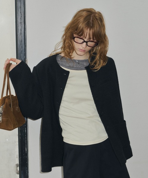 GIUNON | collar less tweed jacket / カラーレスツイード